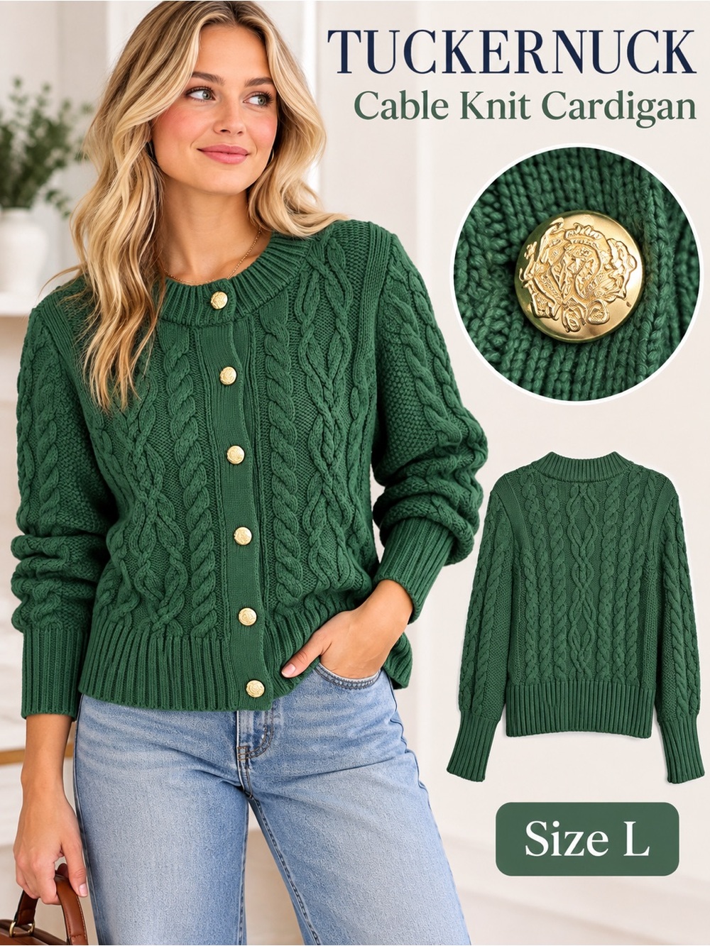 Tuckernuck Green Cable Knit Gold Button Cardigan Sweater Size L